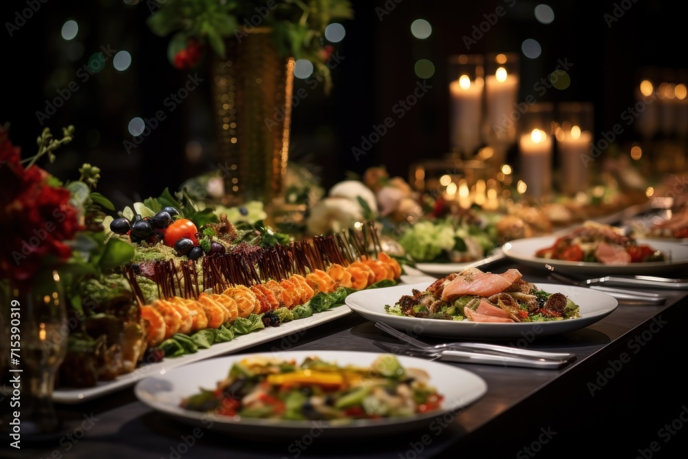  a table filled with lots of plates of food and a vase filled with flowers on top of a wooden table.