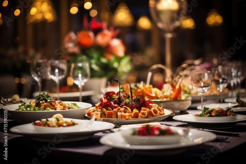  a close up of plates of food on a table with wine glasses and a vase of flowers in the background.