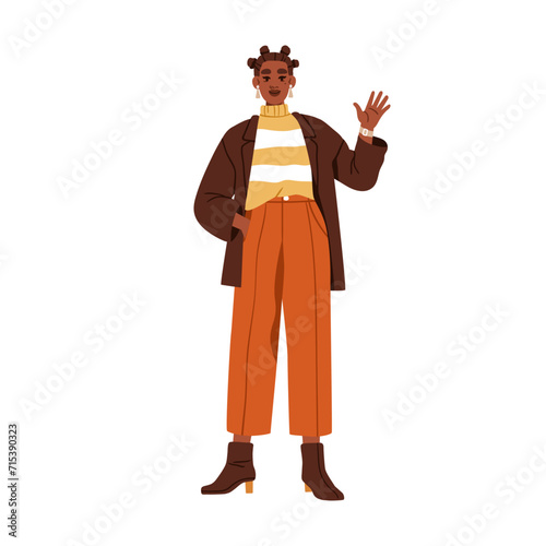 Black woman in modern apparel, greeting, waving hi gesture with hand. Smiling African-American girl in fashion clothes, outfit in trendy style. Flat vector illustration isolated on white background