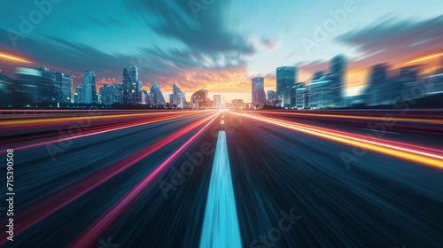 Moving forward at high speed blurred and empty road with cityscape background. 