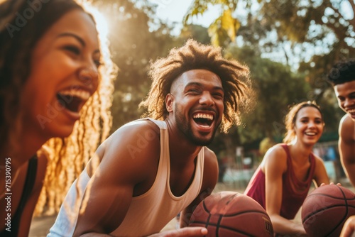 A group of friends engaged in a friendly game of basketball at an outdoor court, combining sport and celebration on a birthday. photo