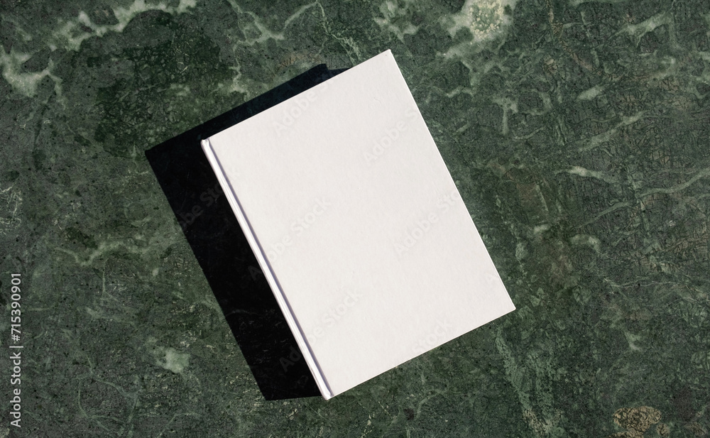 Fototapeta premium blank book mockup on green marble stone coffee table , shadow overlay