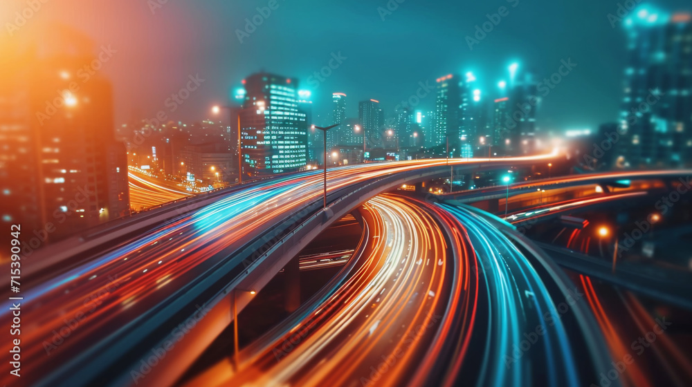 3D Rendering of highway in city. High speed motion blur. 