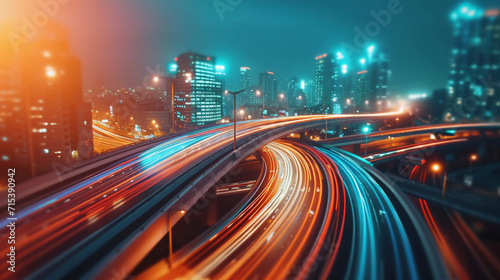 3D Rendering of highway in city. High speed motion blur. 