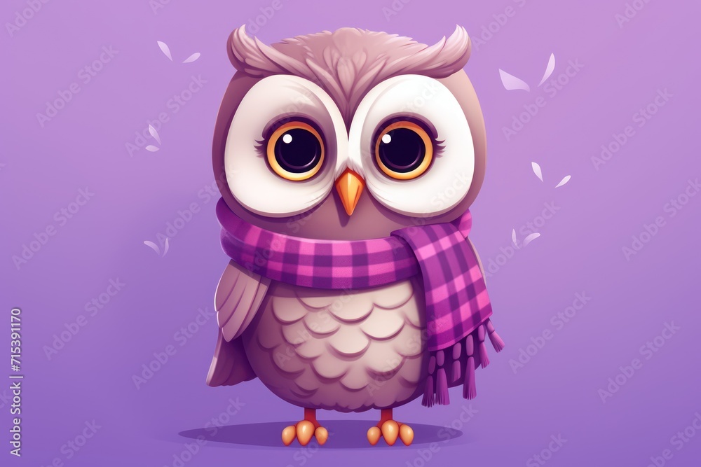  an owl is wearing a scarf and standing in front of a purple background with a purple and white checkered scarf around its neck.