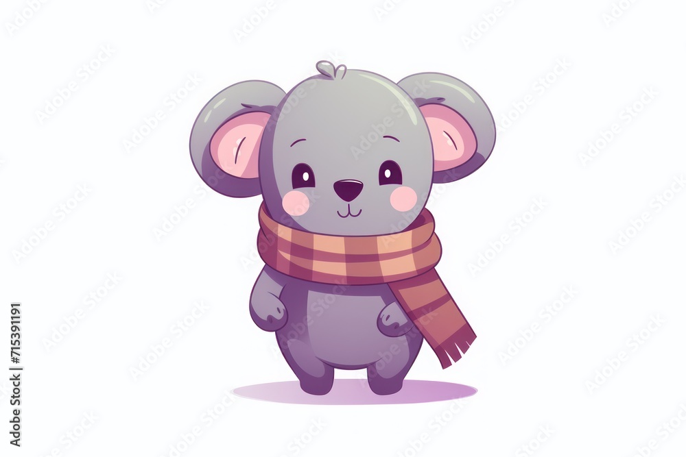  a cartoon koala with a scarf around it's neck, wearing a sweater and a scarf around its neck.