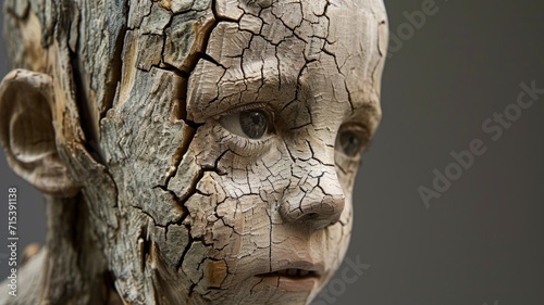 Portrait of a young boy carved from wood. Wooden sculpture of a man with many age cracks in the wood