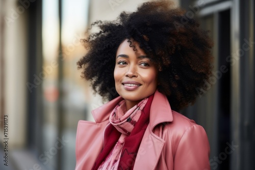 beautiful african american woman with afro hairstyle in pink coat