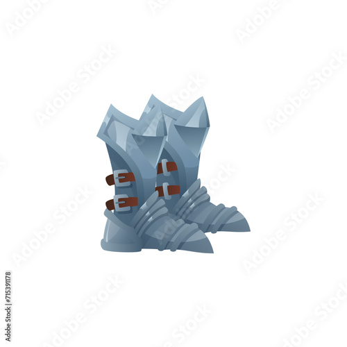 Steel grey boots with buckles, metal protective shoes for ancient knight or warrior, vector military footwear game asset