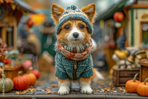 Beautiful dog dressed in knitted woolen clothes generative ai photo