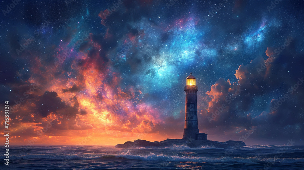 A lighthouse on the island with a beautiful night view A lighthouse on the island with a beautiful night view