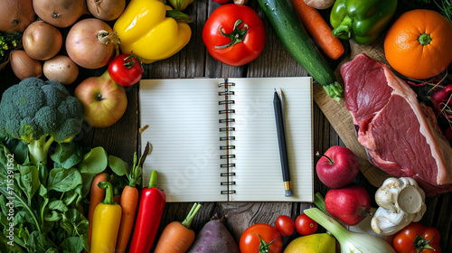 diet concept, weight loss plan notebook with vegetables top view mockup photo