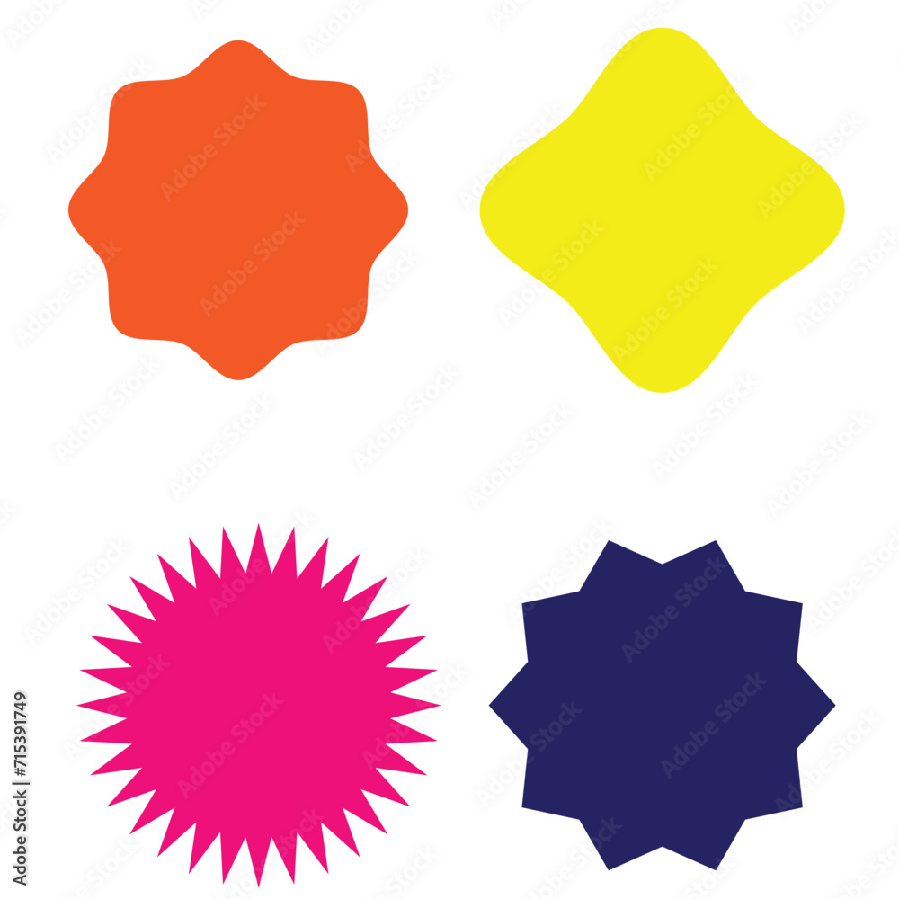 Set of vector starburst, sunburst badges. Different color. Simple flat style Vintage labels. Colored stickers