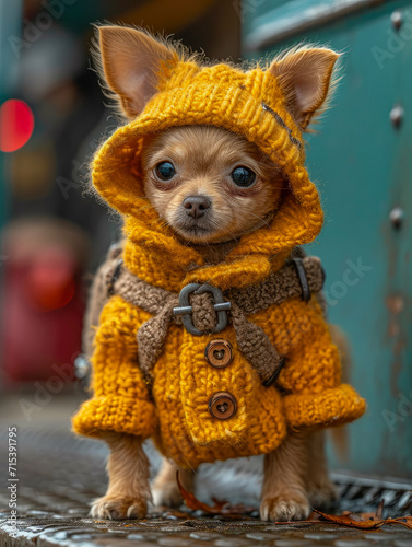 Beautiful dog dressed in knitted woolen clothes generative ai photo