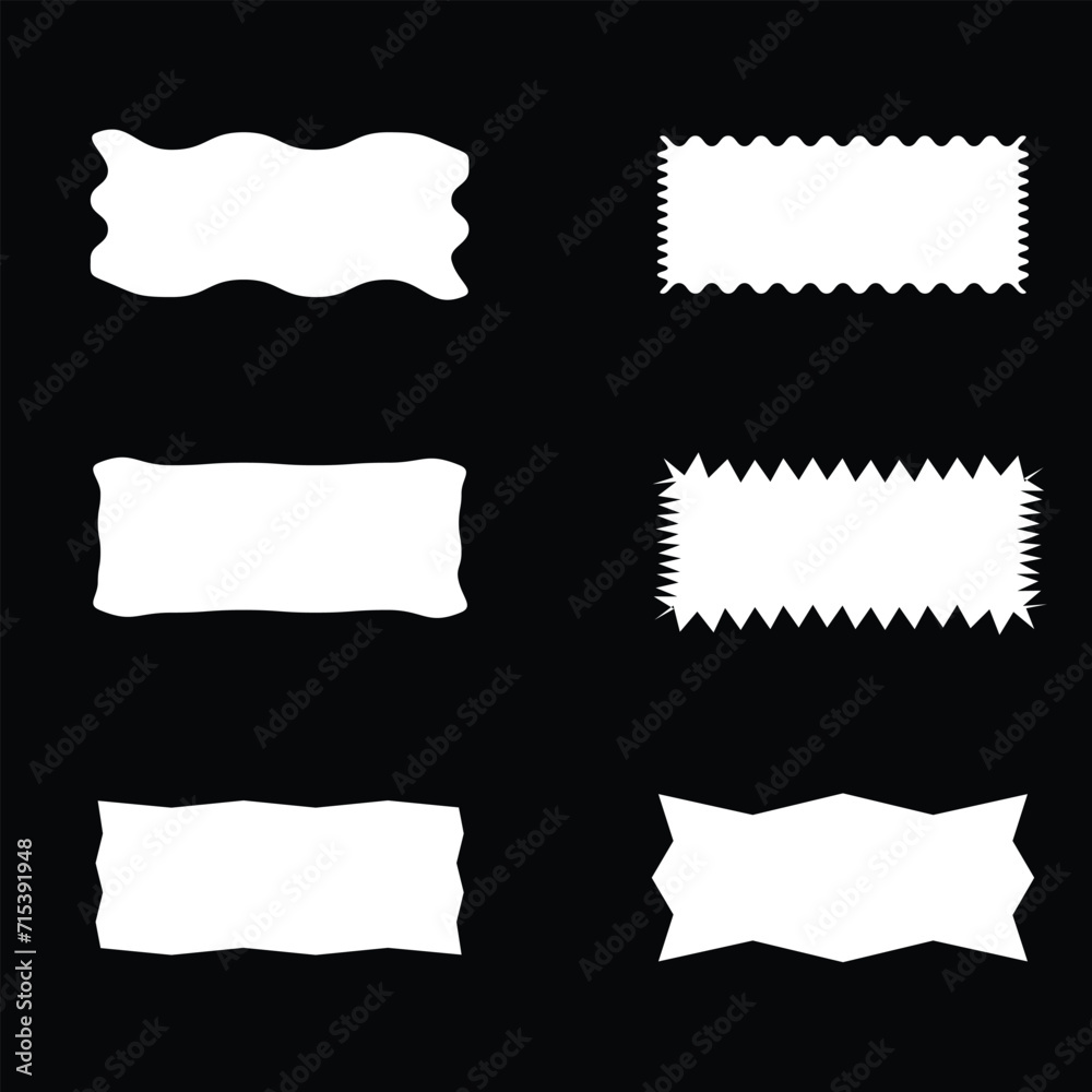 Wavy edge rectangular button icon set. A group of 6 rectangle symbols with jagged edges. Isolated on a Black background. Wavy edge rectangular button icon set. A group of 6 rectangle symbols with jagged edges. Isolated on a Black background.