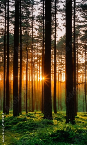a forest with a lot of trees and grass in the foreground at sunset