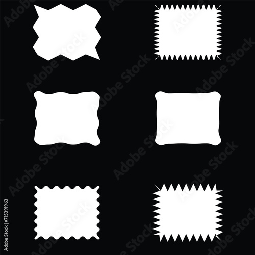 Wavy edge rectangular button icon set. A group of 6 rectangle symbols with jagged edges. Isolated on a Black background.