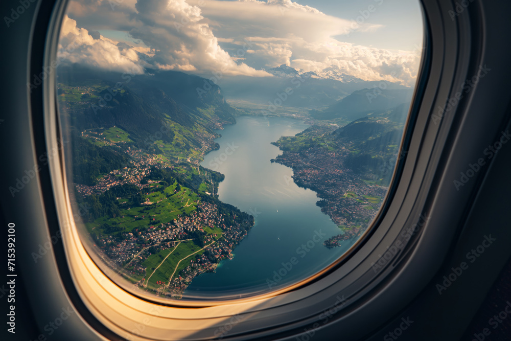 View of the city and the river from the aircraft window View of the city and the river from the aircraft window