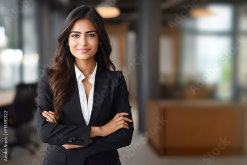 Closeup portrait, young professional, beautiful confident woman in blue shirt, arms crossed folded, smiling isolated indoors office background. Positive human emotions #715392122