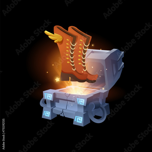 Open treasure chest with glowing boots, realistic vector illustration isolated.