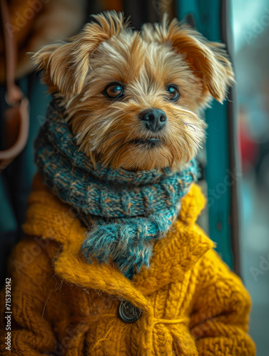 Beautiful dog dressed in knitted woolen clothes generative ai photo