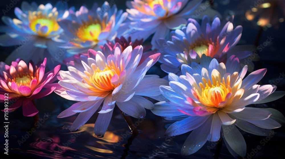  a group of water lilies floating on top of a body of water in front of a blue and yellow background.