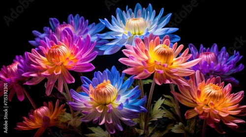  a close up of a bunch of flowers on a black background with a reflection of the flowers in the water.