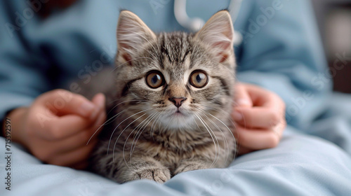 Veterinarian examines a cute little cat at the animal hospital.