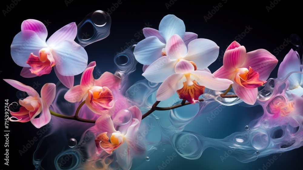  a group of pink and white orchids with bubbles of water on a black background with a blue back ground.