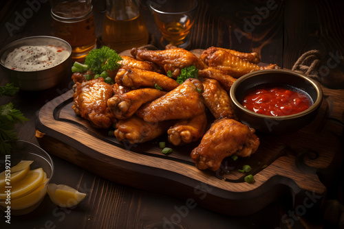 Chicken Wings mit verschiedenen Saucen, erstellt mit generativer KI photo