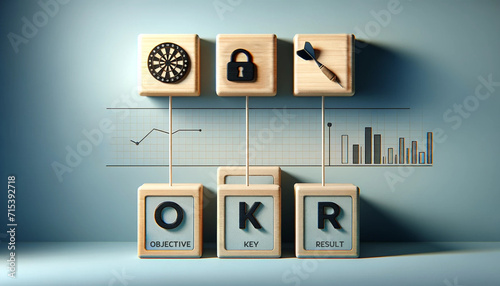 OKR Blocks-Aligning Objectives and Results in Business. Representation of the OKR framework with darts a key and a growth chart emphasizing the alignment of business objectives with measurable results