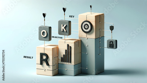 OKR Visualization- Objectives, Key Actions, and Results.3-dimensional OKR concept blocks depicting objectives key actions and results to illustrate goal-setting and achievement in business management.