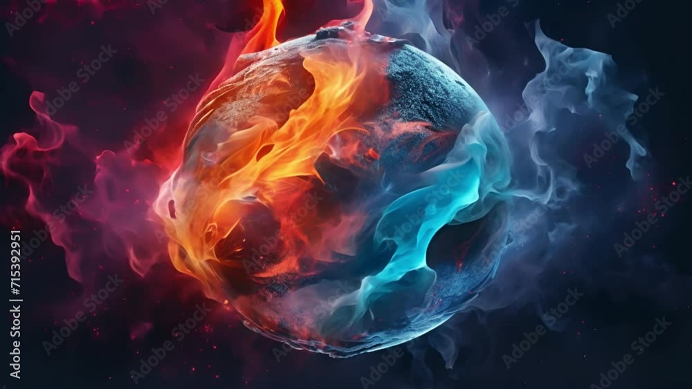 Glowing energy effect ying-yang. Futuristic glowing fire and ice 3d sphere ball of glowing orange and blue particles. Neon sphere in the Universe. Abstract technology, science and artificial intellige Glowing energy effect ying-yang. Futuristic glowing fire and ice 3d sphere ball of glowing orange and blue particles. Neon sphere in the Universe. Abstract technology, science and artificial intellige
