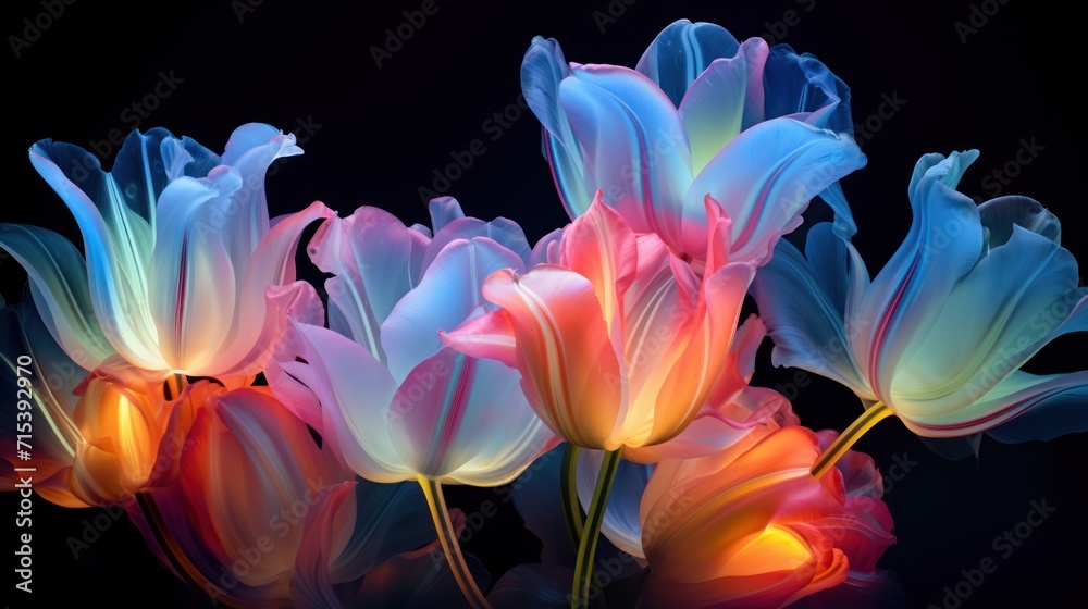  a close up of a bunch of flowers on a black background with a reflection of the flowers in the water.