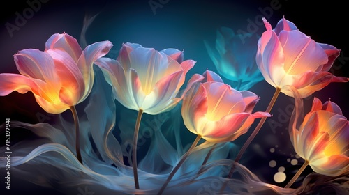  a close up of a bunch of flowers on a black background with a blurry image of flowers in the background.