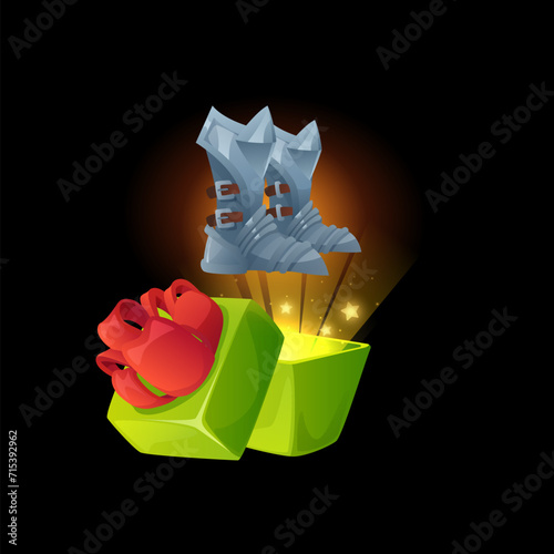 Boots fly out of the gift box, game design elements, cartoon style vector