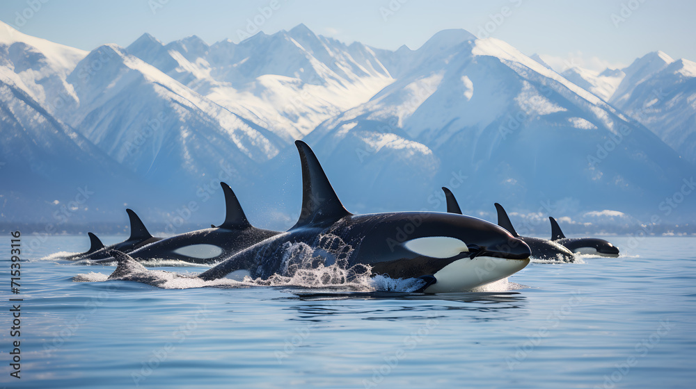 Fototapeta premium A pod of orcas swimming in icy waters, with snow-covered mountains in the distance as the background, during a rare sighting