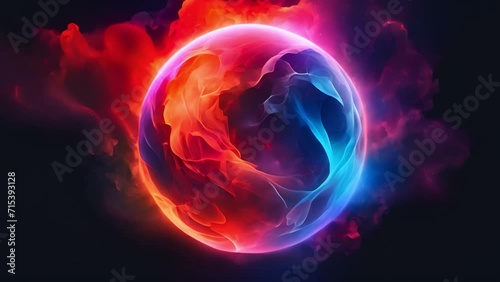 Glowing energy effect ying-yang. Futuristic glowing fire and ice 3d sphere ball of glowing orange and blue particles. Neon sphere in the Universe. Abstract technology, science and artificial intellige photo