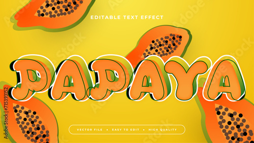 Orange green and yellow papaya 3d editable text effect - font style. Fresh fruit juice text style effect