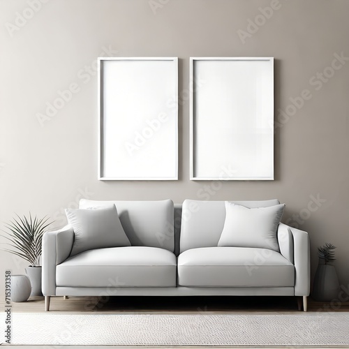 Contemporary Living Room Featuring Stylish Sofa in Modern Interior Design, mockup of 2 white simple frames on a wall behind the beige couch, Living Room, 3D render, Light gray wall color, simple clean