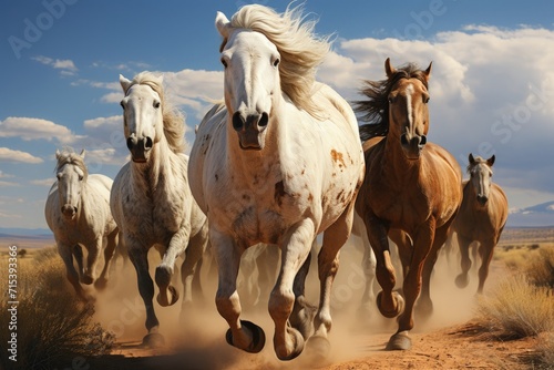 Wild mustangs galloping across a prairie © Mahenz