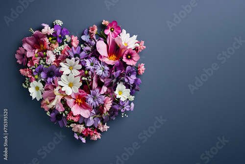 Celebration concept - flowers arranged in heart shape, top view