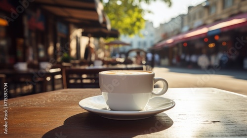  a cup of coffee sitting on top of a saucer on top of a wooden table in front of a restaurant.