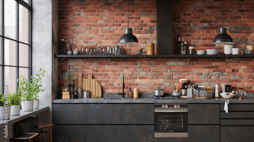 Wall mockup in loft, kitchen in industrial style. Generative Ai