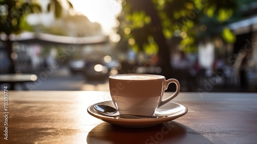  a cup of coffee sits on a saucer on a wooden table in front of a blurry city street.