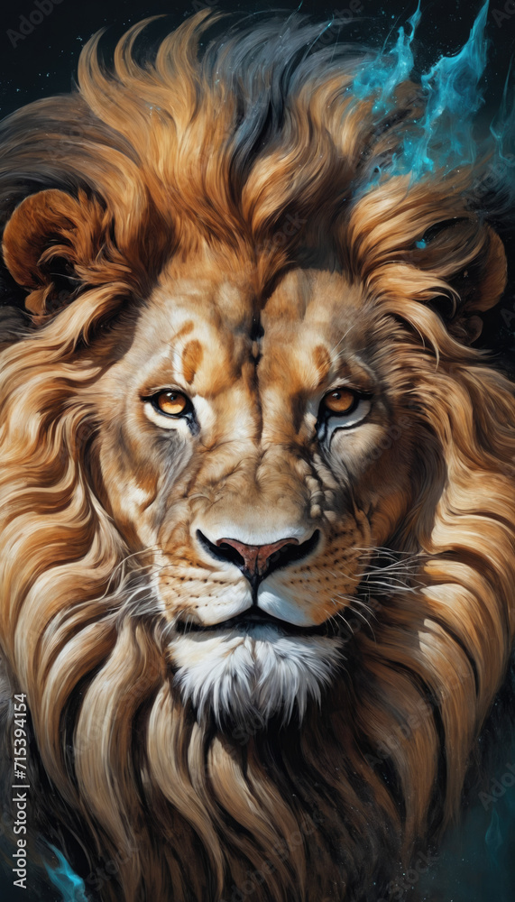 Fantasy Illustration of a wild animal lion. Digital art style wallpaper background.