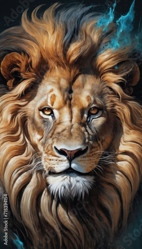 Fantasy Illustration of a wild animal lion. Digital art style wallpaper background. © Roman