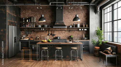 Wall mockup in loft, kitchen in industrial style. Generative Ai