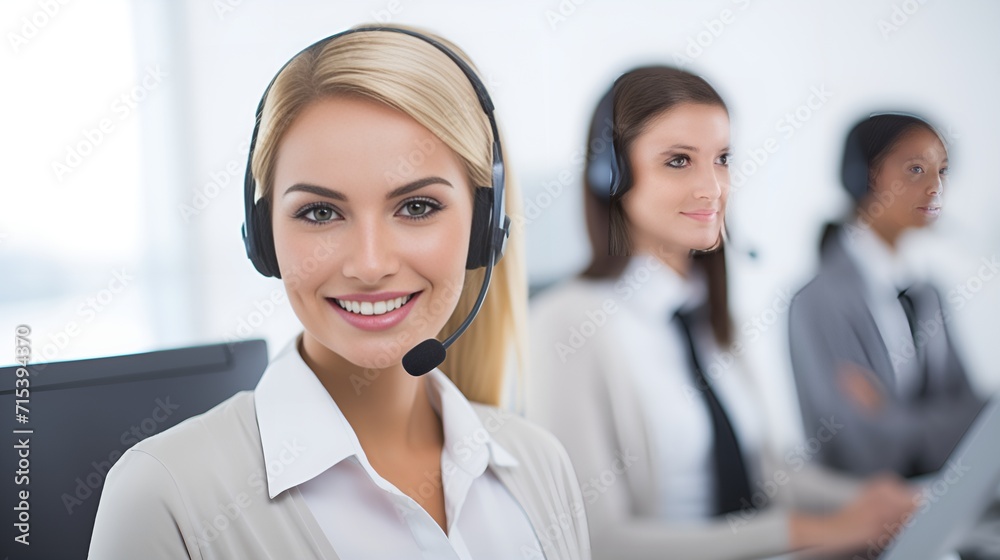 A smiling customer service representative assisting clients , smiling representative, customer service, assisting clients A smiling customer service representative assisting clients , smiling representative, customer service, assisting clients