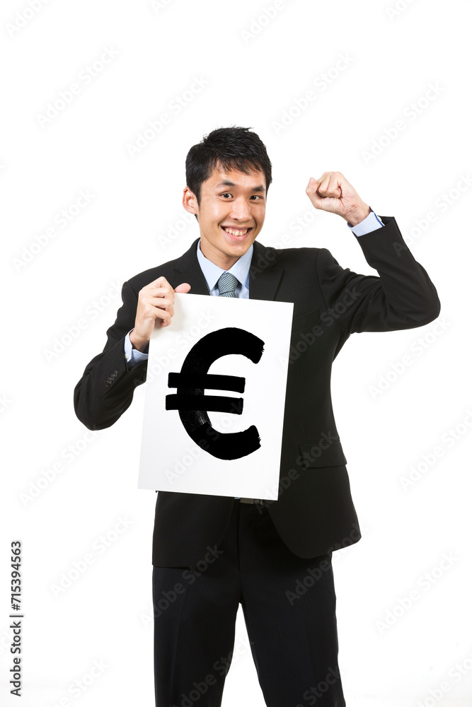Chinese Businessman holding card sign showing Dollar sign. Chinese Businessman holding card sign showing Dollar sign.
